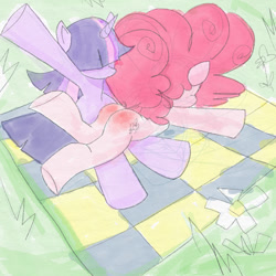 Size: 1100x1100 | Tagged: artist needed, safe, derpibooru import, pinkie pie, twilight sparkle, unicorn twilight, earth pony, unicorn, /mlp/, balloonbutt, butt, duo, duo female, female, flower, horn, over the knee, picnic, picnic blanket, reddened butt, spank mark, spanked, spanking, traditional art