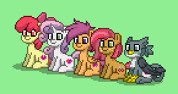 Size: 580x308 | Tagged: safe, derpibooru import, apple bloom, babs seed, gabby, scootaloo, sweetie belle, earth pony, griffon, pegasus, pony, unicorn, cutie mark crusaders, green background, group, horn, pony town, quintet, simple background