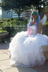 Size: 1500x2250 | Tagged: safe, derpibooru import, princess celestia, human, g4, bare shoulders, bronycon, bronycon 2018, clothes, cosplay, costume, gloves, irl, irl human, long gloves, photo, sitting, solo