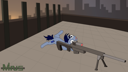 Size: 1440x810 | Tagged: safe, artist:minus, derpibooru exclusive, derpibooru import, oc, oc:blue screen, pony, unicorn, 2018, aiming, colored, complex background, eye bulging, gun, horn, lying down, pony oc, prone, rifle, rooftop, skyline, small, sniper, sniper rifle, solo, sunrise, tiled floor, unicorn oc, weapon