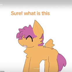 Size: 1340x1343 | Tagged: safe, artist:worry qwp., derpibooru import, part of a series, part of a set, scootaloo, pegasus, pony, comic:silly comic, comic, crappy art, cute, cutealoo, offscreen character, question, short mane, solo, tiktok slideshow, tiktok source