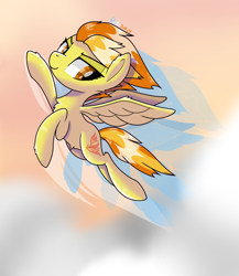 Size: 2480x2854 | Tagged: safe, artist:notadeliciouspotato, derpibooru import, spitfire, pegasus, pony, g4, afterimage, cloud, female, flying, lidded eyes, mare, signature, smiling, solo, spread wings, wings