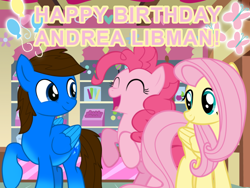 Size: 1024x768 | Tagged: safe, artist:bluemario11, derpibooru import, fluttershy, pinkie pie, oc, oc:blue thunder, earth pony, pegasus, g4, andrea libman, female, happy birthday, male, pegasus oc