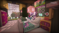 Size: 2560x1440 | Tagged: safe, artist:seurnik, derpibooru import, oc, oc only, oc:sweetieck dreams, pony, unicorn, g4, bed, female, filly, foal, horn, mare, not sweetie belle, reading, solo, unicorn horn, unicorn oc, younger