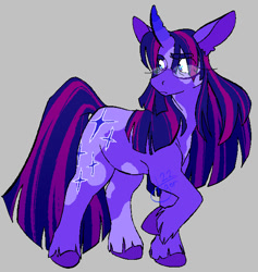 Size: 592x624 | Tagged: safe, artist:botdraws, derpibooru import, twilight sparkle, unicorn twilight, pony, unicorn, g4, alternate coat color, alternate color palette, alternate cutie mark, alternate eye color, alternate hairstyle, alternate mane color, alternate tail color, bangs, big mane, big tail, blue eyes, cascading cutie mark, colored, colored eyebrows, colored hooves, colored horn, colored pinnae, colored pupils, curved horn, ear fluff, ears, eye clipping through hair, eyebrows, eyebrows visible through hair, facial markings, flat colors, frown, glasses, gradient mane, gradient tail, gray background, hooves, horn, leg markings, long mane, long tail, looking back, multicolored horn, multicolored mane, multicolored tail, pink pupils, purple coat, purple hooves, raised hoof, raised leg, signature, simple background, solo, splotches, standing, standing on three hooves, straight mane, straight tail, striped mane, striped tail, tail, tall ears, unicorn horn, unshorn fetlocks, wall of tags