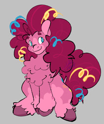 Size: 878x1038 | Tagged: safe, artist:botdraws, derpibooru import, pinkie pie, earth pony, pony, g4, alternate design, alternate mane color, alternate tail color, blaze (coat marking), blue eyes, chest fluff, coat markings, colored eyebrows, colored hooves, colored pinnae, curly hair, curly mane, curly tail, eyelashes, facial markings, female, fluffy, gray background, hooves, looking away, magenta mane, magenta tail, mare, mealy mouth (coat marking), multicolored mane, multicolored tail, no pupils, pink coat, pink mane, pink tail, purple hooves, purple mane, purple tail, signature, simple background, sitting, smiling, socks (coat marking), solo, tail, three toned mane, three toned tail