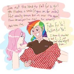 Size: 1474x1467 | Tagged: safe, artist:dravenday, derpibooru import, fluttershy, rainbow dash, human, g4, bridal carry, carrying, dialogue, female, flutterdash, lesbian, shipping