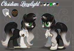 Size: 3492x2392 | Tagged: safe, artist:rrd-artist, derpibooru import, oc, oc only, oc:obsidian limelight, crystal pony, pony, unicorn, clothes, female, green eyes, horn, mare, necktie, reference sheet, shirt, side view, skirt, stare, three quarter view, uniform