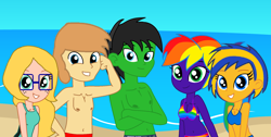 Size: 2002x1006 | Tagged: safe, artist:star-armour95, derpibooru import, oc, oc only, oc:allie, oc:fidget, oc:flare spark, oc:rainbow flower, oc:star armour, human, beach, female, male