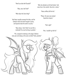 Size: 2142x2241 | Tagged: safe, artist:moonatik, derpibooru import, oc, oc:selenite, bat pony, pony, bat pony oc, boots, clothes, dialogue, female, gloves, hair bun, implied lord tirek, implied queen chrysalis, implied storm king, mare, military uniform, self paradox, self ponidox, shoes, sketch, skirt, spread wings, suit, tail, tail bun, uniform, wings