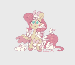 Size: 2300x2000 | Tagged: safe, artist:bishopony, derpibooru import, fluttershy, pony, rabbit, g4, animal, blush scribble, blushing, bunny on head, colored eyelashes, colored hooves, colored wings, colored wingtips, critter magnet, desaturated, female, frown, gray background, high res, hooves, long mane, long tail, magenta eyelashes, mare, no pupils, one wing out, pink hooves, pink mane, pink tail, pink text, pink wingtips, purple eyelashes, requested art, shiny mane, shiny tail, signature, simple background, sitting, solo, tail, teal eyes, text, that pony sure does love animals, two toned wings, unshorn fetlocks, wavy mane, wavy tail, wings, yellow coat