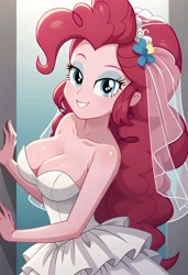 Size: 1401x2048 | Tagged: safe, ai content, machine learning generated, pinkie pie, equestria girls, clothes, dress, prompter:bartp98, wedding dress