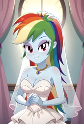 Size: 1401x2048 | Tagged: safe, ai content, machine learning generated, rainbow dash, equestria girls, clothes, dress, prompter:bartp98, wedding dress