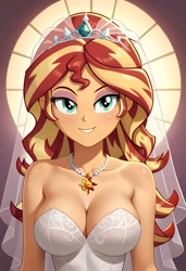 Size: 1401x2048 | Tagged: safe, ai content, machine learning generated, sunset shimmer, equestria girls, clothes, dress, prompter:bartp98, wedding dress