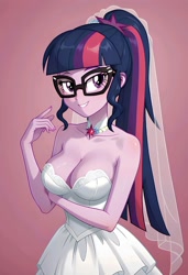 Size: 1401x2048 | Tagged: safe, ai content, machine learning generated, twilight sparkle, equestria girls, clothes, dress, prompter:bartp98, wedding dress