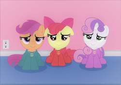 Size: 1374x970 | Tagged: safe, artist:stephen-fisher, derpibooru import, apple bloom, scootaloo, sweetie belle, earth pony, pegasus, pony, unicorn, g4, adorabloom, bed, bodysuit, calm, clothes, cute, cutealoo, cutie mark crusaders, cutie mark cuties, diasweetes, ears, female, floppy ears, hippie, horn, jewelry, latex, latex suit, necklace, peace suit, peace symbol, peaceful, room, sad smile, sitting, smiling, trio, trio female