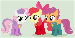 Size: 730x371 | Tagged: safe, artist:selenaede, artist:stephen-fisher, derpibooru import, apple bloom, scootaloo, sweetie belle, earth pony, pegasus, pony, unicorn, g4, adorabloom, apple bloom's bow, base used, bodysuit, bow, calm, clothes, cute, cutealoo, cutie mark crusaders, cutie mark cuties, diasweetes, female, hair bow, hippie, horn, jewelry, latex, latex suit, necklace, peace suit, peace symbol, peaceful, simple background, smiling, transparent background, trio, trio female