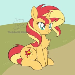 Size: 1920x1920 | Tagged: safe, artist:theratedrshimmer, derpibooru import, sunset shimmer, pony, unicorn, g4, chest fluff, cute, female, horn, shimmerbetes, sitting, solo