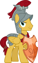 Size: 2557x4216 | Tagged: safe, artist:crisostomo-ibarra, derpibooru import, flash magnus, pegasus, pony, g4, armor, armor skirt, helmet, male, netitus, shield, simple background, skirt, smiling, solo, stallion, transparent background