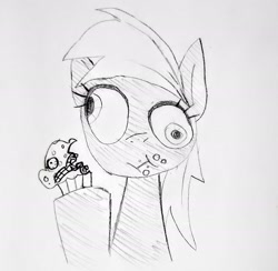 Size: 2345x2289 | Tagged: safe, artist:freakazoidthunk, derpibooru import, derpy hooves, pegasus, g4, bust, chewing, eating, food, living food, muffin, pencil drawing, portrait, sketch, solo, traditional art, wall eyed