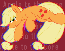 Size: 1348x1048 | Tagged: safe, artist:bluemoon, derpibooru import, applejack, earth pony, pony, g4, hatless, jumping, missing accessory, smiling, smirk, solo, tied mane