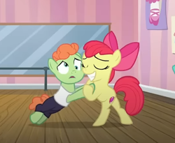 Size: 538x442 | Tagged: safe, derpibooru import, screencap, apple bloom, shuffle step, earth pony, pony, g4, on your marks, bipedal, colt, cropped, dancing, duo, eyes closed, female, filly, foal, male, smiling