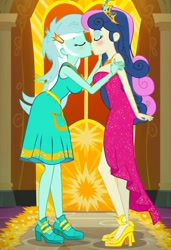 Size: 832x1216 | Tagged: safe, ai content, derpibooru import, machine learning generated, bon bon, lyra heartstrings, sweetie drops, equestria girls, g4, bon bombs, breasts, duo, duo female, female, kissing, lesbian, lyrabon, lyrack, shipping