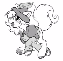 Size: 2749x2669 | Tagged: safe, artist:opalacorn, derpibooru import, oc, oc only, earth pony, pony, tricorn, black and white, blush lines, blushing, frog (hoof), grayscale, hat, horn, looking at you, monochrome, multiple horns, open mouth, open smile, running, simple background, smiling, smiling at you, solo, underhoof, white background