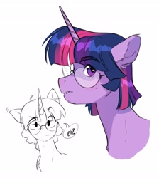 Size: 3668x4096 | Tagged: safe, artist:opalacorn, derpibooru import, dusk shine, prince dusk, twilight sparkle, twilight sparkle (alicorn), alicorn, pony, g4, bust, dialogue, glasses, looking at you, male, rule 63, simple background, solo, speech bubble, stallion, white background