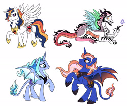 Size: 2052x1744 | Tagged: safe, artist:whitefangkakashi300, derpibooru import, oc, oc only, oc:prince cosmos, oc:prince jester, oc:prince sirius, oc:princess mercury, alicorn, bat pony, bat pony alicorn, draconequus, hybrid, pony, g4, alicorn oc, bat pony oc, bat wings, beard, bipedal, brother and sister, cigarette, cigarette holder, colored, colored sclera, colored wings, concave belly, draconequus oc, ethereal mane, facial hair, female, flat colors, gradient wings, hoof shoes, horn, interspecies offspring, lidded eyes, lying down, male, mare, moustache, next generation, offspring, parent:discord, parent:oc:supernova, parent:princess cadance, parent:princess celestia, parent:princess luna, parent:shining armor, parents:canon x oc, parents:dislestia, parents:shiningcadance, peytral, princess shoes, prone, rearing, siblings, simple background, slender, smoking, spread wings, stallion, starry mane, thin, white background, wings, yellow sclera