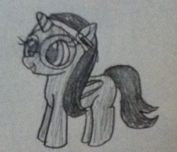 Size: 640x551 | Tagged: safe, artist:lunashy21, derpibooru import, oc, oc only, oc:nyx, alicorn, pony, alicorn oc, disguise, disguised eyes, female, female oc, folded wings, glasses, hairband, headband, horn, mare oc, pencil drawing, pony oc, raised hoof, raised leg, solo, traditional art, weapon, wings