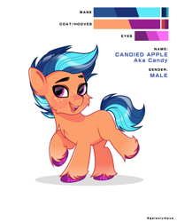 Size: 4000x5000 | Tagged: safe, artist:sushimeko, derpibooru import, oc, oc only, oc:candied apple, earth pony, pony, g4, bipedal, blank flank, blue mane, blue tail, blushing, cheek fluff, chest fluff, colored hooves, colt, foal, freckles, gradient legs, happy, hooves, male, open mouth, open smile, orange coat, purple eyes, purple hooves, raised hoof, raised leg, reference sheet, shadow, shiny eyes, shiny hooves, shiny mane, shiny tail, simple background, smiling, solo, tail, two toned mane, two toned tail, white background