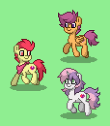 Size: 456x520 | Tagged: safe, derpibooru import, apple bloom, applebuck, scootaloo, scooteroll, silver bell, sweetie belle, earth pony, pegasus, pony, unicorn, g4, cutie mark crusaders, green background, group, horn, pony town, rule 63, simple background, trio