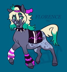 Size: 1525x1636 | Tagged: safe, artist:__rat__king__, derpibooru import, oc, oc only, oc:florence, horse, backwards ballcap, baseball cap, blue background, cap, choker, clothes, female, freckles, grin, hat, leg warmers, mare, raised hoof, raised leg, saddle, simple background, smiling, solo, spiked choker, tack, tail, unshorn fetlocks, wild manes