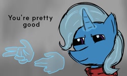 Size: 650x391 | Tagged: safe, artist:cosmicwaves35, derpibooru exclusive, derpibooru import, trixie, pony, unicorn, g4, catchphrase, clothes, glowing, glowing horn, hand, horn, magic, metal gear, projection, revolver ocelot, scarf, solo