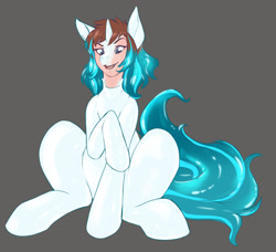 Size: 1000x910 | Tagged: safe, artist:sepisnake, derpibooru import, oc, oc only, human, pony, unicorn, gray background, horn, human to pony, mid-transformation, open mouth, raised hoof, raised leg, simple background, sitting, solo, species swap, transformation