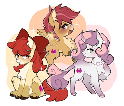 Size: 1292x1104 | Tagged: safe, artist:hunny009, derpibooru import, apple bloom, scootaloo, sweetie belle, earth pony, pegasus, pony, unicorn, g4, adorabloom, alternate design, alternate eye color, alternate hairstyle, alternate mane color, alternate tail color, alternate tailstyle, apple bloom's bow, bald face, beauty mark, black hooves, blaze (coat marking), blushing, bow, butt fluff, chest fluff, coat markings, colored belly, colored chest fluff, colored ear fluff, colored eyebrows, colored hooves, colored horn, colored muzzle, colored wings, concave belly, cream belly, curved horn, cute, cutealoo, cutie mark crusaders, diasweetes, ear blush, ear fluff, ear piercing, earring, ears, eye clipping through hair, eyebrows, eyebrows visible through hair, eyelashes, eyeshadow, facial markings, female, filly, fluffy, flying, foal, freckles, gradient coat, gradient horn, gradient legs, gradient tail, green eyes, hair accessory, hair bow, hock fluff, hooves, horn, jewelry, leg fluff, leonine tail, lidded eyes, long eyelashes, long mane, long tail, looking at someone, looking at you, looking back, makeup, mane accessory, mealy mouth (coat marking), narrowed eyes, necklace, open mouth, open smile, orange coat, orange eyes, pale belly, pale muzzle, pearl earrings, pearl necklace, physique difference, piercing, pink eyeshadow, pink hooves, profile, raised hoof, raised leg, rearing, red bow, red eyes, red mane, red tail, redesign, scootaloo can fly, simple background, slender, smiling, smiling at someone, smiling at you, socks (coat marking), sparkles, spread wings, tail, thin, thin legs, trio, trio female, two toned horn, two toned mane, two toned tail, two toned wings, unshorn fetlocks, wall of tags, white background, white coat, wings, yellow coat