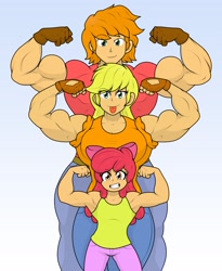 Size: 2652x3228 | Tagged: safe, artist:cyanrobo, derpibooru import, apple bloom, applejack, big macintosh, human, g4, apple siblings, apple sisters, brother and sister, clothes, female, gloves, gradient background, humanized, leather, leather gloves, male, muscles, muscular female, muscular male, siblings, sisters, trio