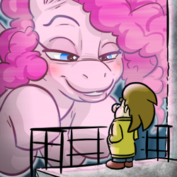 Size: 360x360 | Tagged: dead source, safe, artist:elerq, derpibooru import, pinkie pie, oc, oc:quincy, earth pony, human, pony, g4, blade runner 2049, blushing, clothes, female, hand in pocket, hologram, human male, jacket, lidded eyes, looking at each other, looking at someone, male, mare, meme, pants, shoes, size difference, smiling, smirk, you look lonely