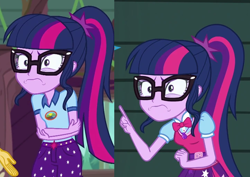 Size: 722x510 | Tagged: safe, derpibooru import, screencap, sci-twi, sunset shimmer, twilight sparkle, human, equestria girls, g4, legend of everfree, movie magic, cropped, duo, duo female, equestria girls specials, face, female, frown, glasses, offscreen character, recycled animation, side by side, solo focus