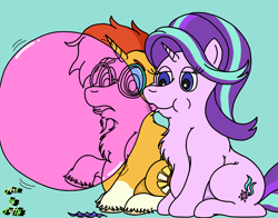 Size: 2632x2067 | Tagged: safe, artist:puffydearlysmith, derpibooru import, starlight glimmer, sunburst, pony, unicorn, g4, blowing bubblegum, bubblegum, chest fluff, chubby, duo, duo male and female, facial hair, fat, female, food, goatee, gritted teeth, gum, horn, male, mare, raised hoof, raised leg, stallion, sunblob, teeth, unshorn fetlocks