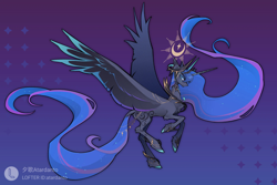 Size: 3300x2200 | Tagged: safe, artist:atardanto, derpibooru import, princess luna, alicorn, g4, alternate design, concave belly, gradient background, horn, large wings, long horn, long mane, long tail, looking at you, slender, solo, spread wings, tail, thin, wings