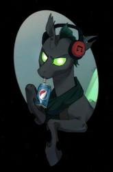 Size: 1005x1527 | Tagged: safe, artist:junian, derpibooru import, oc, oc:jayce the changeling, changeling, bust, can, clothes, cool, drink, drinking, drinking straw, green changeling, headphones, looking at you, pepsi, scarf, soda, solo