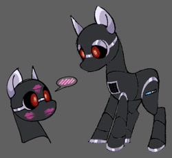 Size: 1054x967 | Tagged: safe, artist:partyponypower, derpibooru import, earth pony, original species, pony, robot, robot pony, 2001: a space odyssey, artificial intelligence, bald, black sclera, colored, colored hooves, colored sclera, computer pony, flat colors, gray background, gray body, gray hooves, hal 9000, hooves, kiss mark, lidded eyes, lipstick, male, no mane, pictogram, ponified, red eyes, segmented body, segmented head, segmented legs, shiny hooves, simple background, solo, species swap, speech bubble, standing, white pupils, wide eyes