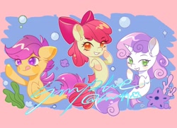 Size: 2126x1535 | Tagged: safe, artist:co306012, derpibooru import, apple bloom, scootaloo, sweetie belle, earth pony, pegasus, pony, seapony (g4), unicorn, g4, algae, blushing, bubble, clam, coral, cute, cutie mark crusaders, dorsal fin, female, filly, fin, fin wings, fins, fish tail, flowing mane, flowing tail, foal, grin, horn, looking at each other, looking at someone, obtrusive watermark, ocean, scales, sea-mcs, seaponified, seapony apple bloom, seapony scootaloo, seapony sweetie belle, seashell, seaweed, smiling, smiling at each other, species swap, swimming, tail, tongue, tongue out, trio, trio female, underwater, water, watermark, wings