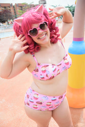 Size: 800x1200 | Tagged: safe, derpibooru import, pinkie pie, human, g4, bikini, clothes, colossalcon, cosplay, costume, irl, irl human, photo, solo, sunglasses, swimming pool, swimsuit