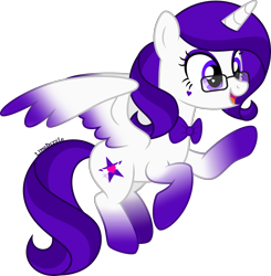 Size: 3428x3500 | Tagged: safe, artist:limedazzle, derpibooru import, oc, oc only, oc:violet sparkle, alicorn, pony, alicorn oc, art trade, bowtie, coat markings, colored wings, colored wingtips, eyelashes, eyeshadow, facial markings, female, flying, glasses, gradient legs, gradient wings, heart, heart eyes, heart mark, horn, makeup, mare, mare oc, partially open wings, purple bow, purple eyes, purple eyeshadow, purple mane, purple tail, raised hoof, raised leg, signature, simple background, socks (coat marking), solo, square glasses, tail, transparent background, two toned mane, two toned tail, two toned wings, wavy mane, wavy tail, white coat, wingding eyes, wings