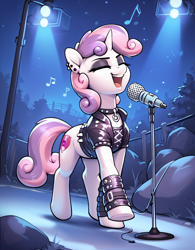 Size: 800x1024 | Tagged: safe, ai content, derpibooru import, generator:pony diffusion v6 xl, generator:stable diffusion, machine learning generated, sweetie belle, pony, unicorn, g4, clothes, goth, horn, jacket, leather, leather jacket, microphone, music, night, prompter:thelight3d, punk, solo