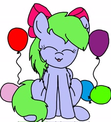 Size: 1848x2048 | Tagged: safe, artist:professorventurer, derpibooru import, oc, oc only, oc:fancy confetti, pegasus, :3, :p, balloon, blue coat, bow, chest fluff, colored, eyelashes, eyes closed, flat colors, green mane, green tail, hair bow, pegasus oc, pink bow, sitting, smiling, solo, tail, tongue, tongue out