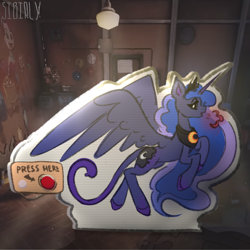 Size: 1200x1200 | Tagged: safe, artist:sibirly, derpibooru import, princess luna, alicorn, pony, g4, boxy boo, breath, button, cardboard cutout, cat tail, catnap, clock, crossover, dogday, emanata, fan, female, filing cabinet, huggy wuggy, lamp, looking at you, mare, mommy long legs, mural, notice board, poppy playtime, profile, radio, signature, solo, tail